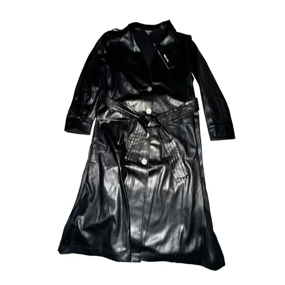 Misook Jackets & Blazers - Misook Belted Vegan Leather Trench Coat Women's Size L Black Button Pockets NWT